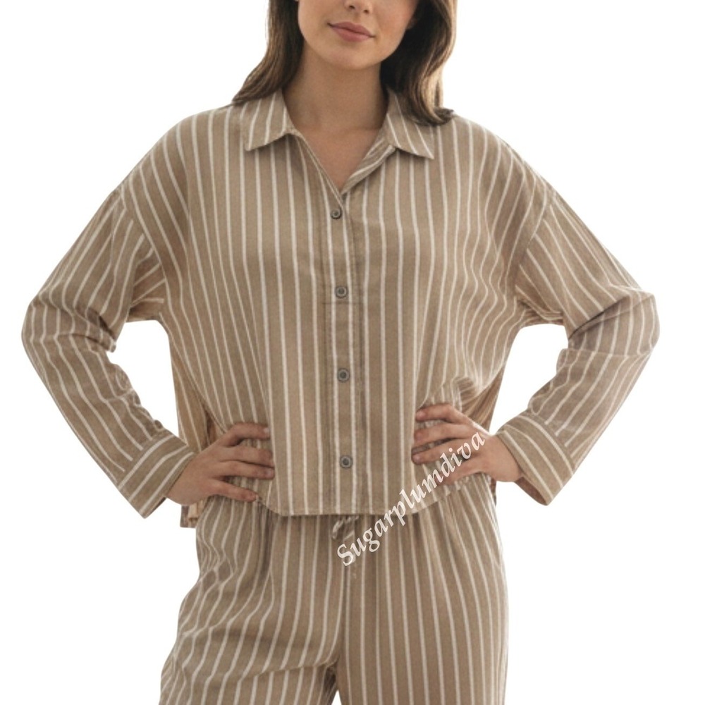 Everlane The Woven PJ Top Cropped Pajama Shirt SMALL Brown Striped Cotton Boxy